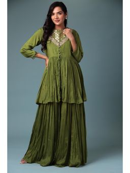 Zari Jaipur - Green Silk Blend Co-Ord with Brocade and Embroidery (Set of 3)