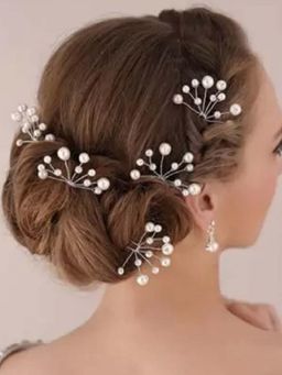 OOMPH - Jewellery White Pearls Wedding Metal Juda Hair Pins (Pack of 5)