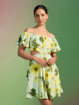 RSVP by Nykaa Fashion - Mint Green Floral Off-Shoulder Cut-Out Mini Dress