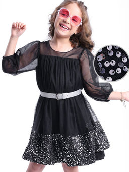 Hola Bonita - Black Embellished Regular Dress with Belt