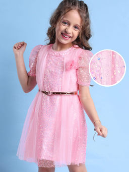 Hola Bonita - Pink Embellished Regular Dress with Belt
