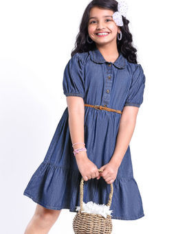 Hola Bonita - Blue Solid A-Line Dress with Belt