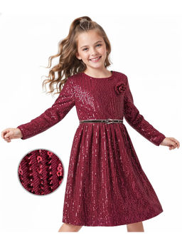 Hola Bonita - Maroon Embellished Regular Dress with Belt