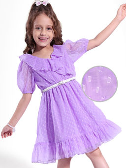 Hola Bonita - Lavender Self Design Regular Dress with Belt