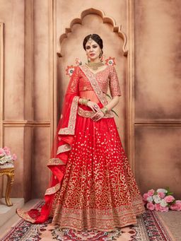 Odette - Red Embroidered Net Semi Stitched Lehenga with Unstitched Blouse and Dupatta (Set of 3)