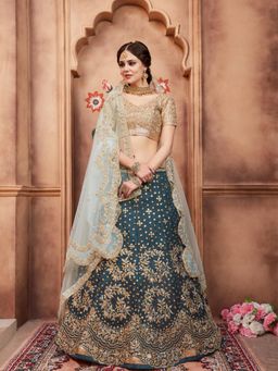 Odette - Teal Embroidered Semi Stitched Lehenga with Unstitched Blouse and Dupatta (Set of 3)