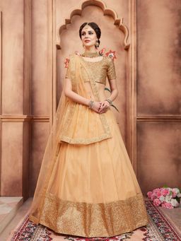 Odette - Beige Sequined Net Semi Stitched Lehenga with Unstitched Blouse and Dupatta (Set of 3)