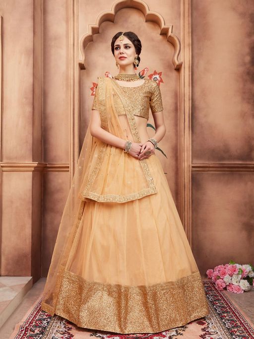 Odette Beige Sequined Net Semi Stitched Lehenga with Unstitched Blouse and Dupatta (Set of 3)