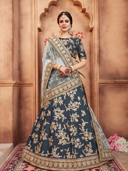 Odette - Grey Embroidered Semi Stitched Lehenga with Unstitched Blouse and Dupatta (Set of 3)