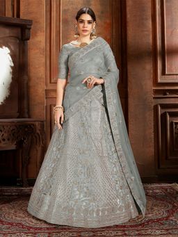 Odette - Grey Embroidered Net Semi Stitched Lehenga with Unstitched Blouse and Dupatta (Set of 3)