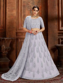 Odette - Grey Embroidered Net Semi Stitched Lehenga with Unstitched Blouse and Dupatta (Set of 3)