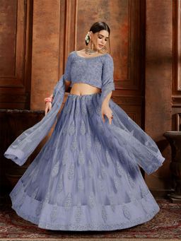 Odette - Blue Embroidered Net Semi Stitched Lehenga with Unstitched Blouse and Dupatta (Set of 3)