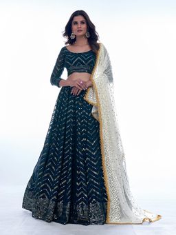 Odette - Navy Blue Sequined Semi Stitched Lehenga with Unstitched Blouse and Dupatta (Set of 3)