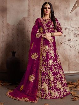 Odette - Purple Embroidered Velvet Semi Stitched Lehenga with Unstitched Blouse and Dupatta (Set of 3)