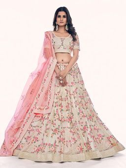 Odette - Off White Embroidered Net Semi Stitched Lehenga with Unstitched Blouse and Dupatta (Set of 3)