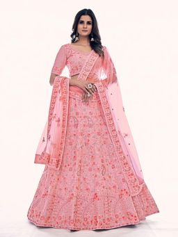 Odette - Pink Embroidered Net Semi Stitched Lehenga with Unstitched Blouse and Dupatta (Set of 3)