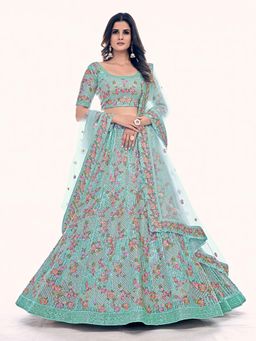 Odette - Sea Green Embroidered Net Semi Stitched Lehenga with Unstitched Blouse and Dupatta (Set of 3)
