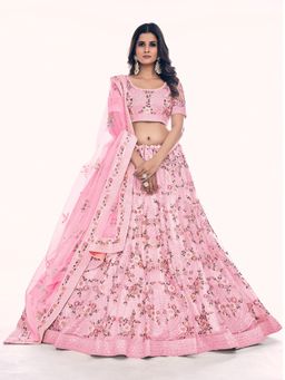 Odette - Pink Embroidered Net Semi Stitched Lehenga with Unstitched Blouse and Dupatta (Set of 3)