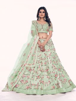 Odette - Green Embroidered Net Semi Stitched Lehenga with Unstitched Blouse and Dupatta (Set of 3)