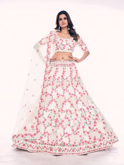 Odette - White Floral Sequined Net Semi Stitched Lehenga with Unstitched Blouse and Dupatta (Set of 3)