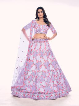Odette - Lavender Floral Sequined Semi Stitched Lehenga with Unstitched Blouse and Dupatta (Set of 3)
