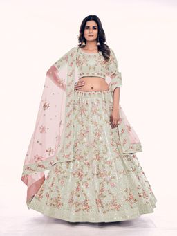 Odette - Green Embroidered Net Semi Stitched Lehenga with Unstitched Blouse and Dupatta (Set of 3)