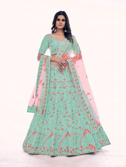 Odette - Sea Green Embroidered Net Semi Stitched Lehenga with Unstitched Blouse and Dupatta (Set of 3)