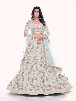 Odette - Off White Embroidered Net Semi Stitched Lehenga with Unstitched Blouse and Dupatta (Set of 3)