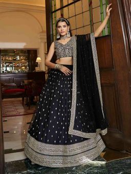 Odette - Black Embroidered Net Semi Stitched Lehenga with Unstitched Blouse and Dupatta (Set of 3)