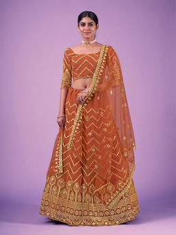 Odette - Rust Embroidered Semi Stitched Lehenga with Unstitched Blouse and Dupatta (Set of 3)