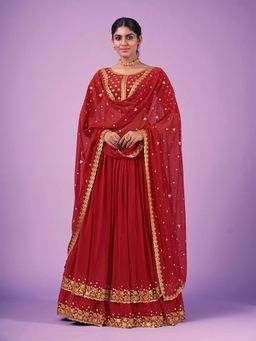 Odette - Red Embroidered Georgette Semi Stitched Lehenga with Unstitched Blouse and Dupatta (Set of 3)