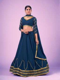 Odette - Navy Blue Solid Georgette Semi Stitched Lehenga with Unstitched Blouse and Dupatta (Set of 3)