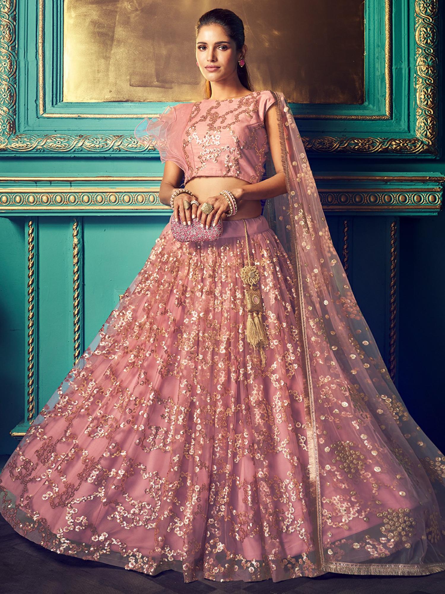 odette Peach Sequined Net Semi Stitched Lehenga with Unstitched Blouse and Dupatta (Set of 3)-picture-0
