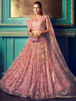 Odette - Peach Sequined Net Semi Stitched Lehenga with Unstitched Blouse and Dupatta (Set of 3)