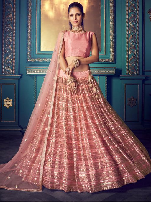 Odette Peach Net Semi Stitched Sequined Lehenga with Unstitched Blouse and Dupatta (Set of 3)