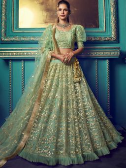 Odette - Sea Green Embroidered Net Semi Stitched Lehenga with Unstitched Blouse and Dupatta (Set of 3)
