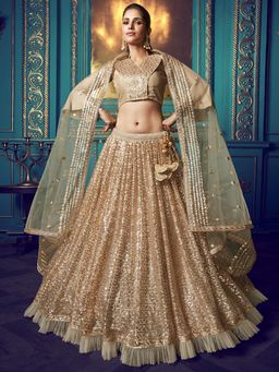 Odette - Beige Sequined Net Semi Stitched Lehenga with Unstitched Blouse and Dupatta (Set of 3)