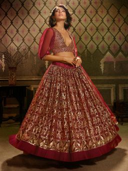 Odette - Maroon Sequined Net Semi Stitched Lehenga with Unstitched Blouse and Dupatta (Set of 3)
