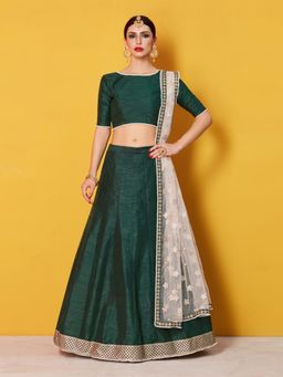 Odette - Green Solid Embroidered Semi Stitched Lehenga with Unstitched Blouse and Dupatta (Set of 3)