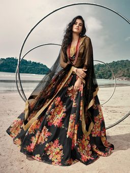 Odette - Black Floral Printed Semi Stitched Lehenga with Unstitched Blouse and Dupatta (Set of 3)