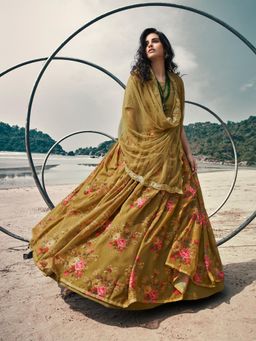 Odette - Olive Floral Printed Semi Stitched Lehenga with Unstitched Blouse and Dupatta (Set of 3)