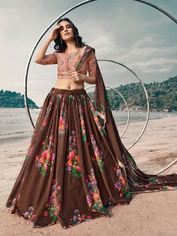 Odette - Brown Floral Printed Semi Stitched Lehenga with Unstitched Blouse and Dupatta (Set of 3)