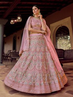 Odette - Pink Embroidered Semi Stitched Lehenga with Unstitched Blouse and Dupatta (Set of 3)