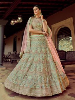 Odette - Olive Embroidered Semi Stitched Lehenga with Unstitched Blouse and Dupatta (Set of 3)