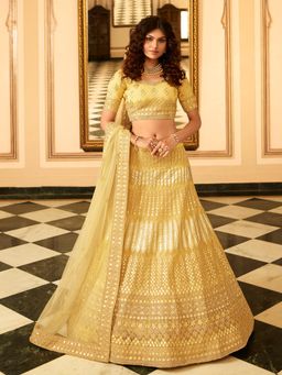 Odette - Mustard Embroidered Semi Stitched Lehenga with Unstitched Blouse and Dupatta (Set of 3)