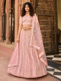 Odette - Pink Floral Embroidered Semi Stitched Lehenga with Unstitched Blouse and Dupatta (Set of 3)