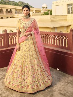 Odette - Yellow Embroidered Semi Stitched Lehenga with Unstitched Blouse and Dupatta (Set of 3)