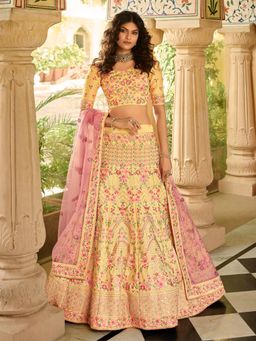 Odette - Yellow Embroidered Semi Stitched Lehenga with Unstitched Blouse and Dupatta (Set of 3)