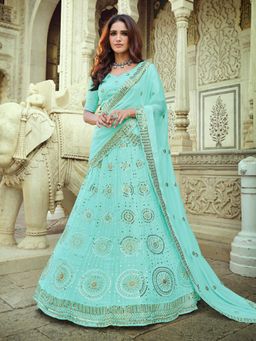 Odette - Sea Green Embellished Semi Stitched Lehenga with Unstitched Blouse and Dupatta (Set of 3)