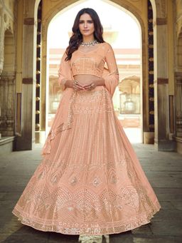 Odette - Peach Embellished Semi Stitched Lehenga with Unstitched Blouse and Dupatta (Set of 3)